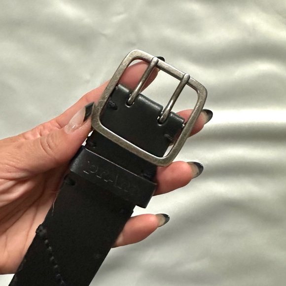 PRANA BLACK LEATHER STITCHED BELT STITCHED SILVER SQUARE BUCKLE SIZE-mens M - Picture 7 of 9